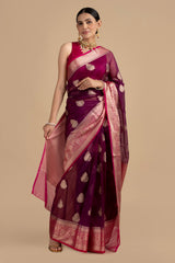 Purple-Pink Kora Organza Silk Banarasi Handloom Saree