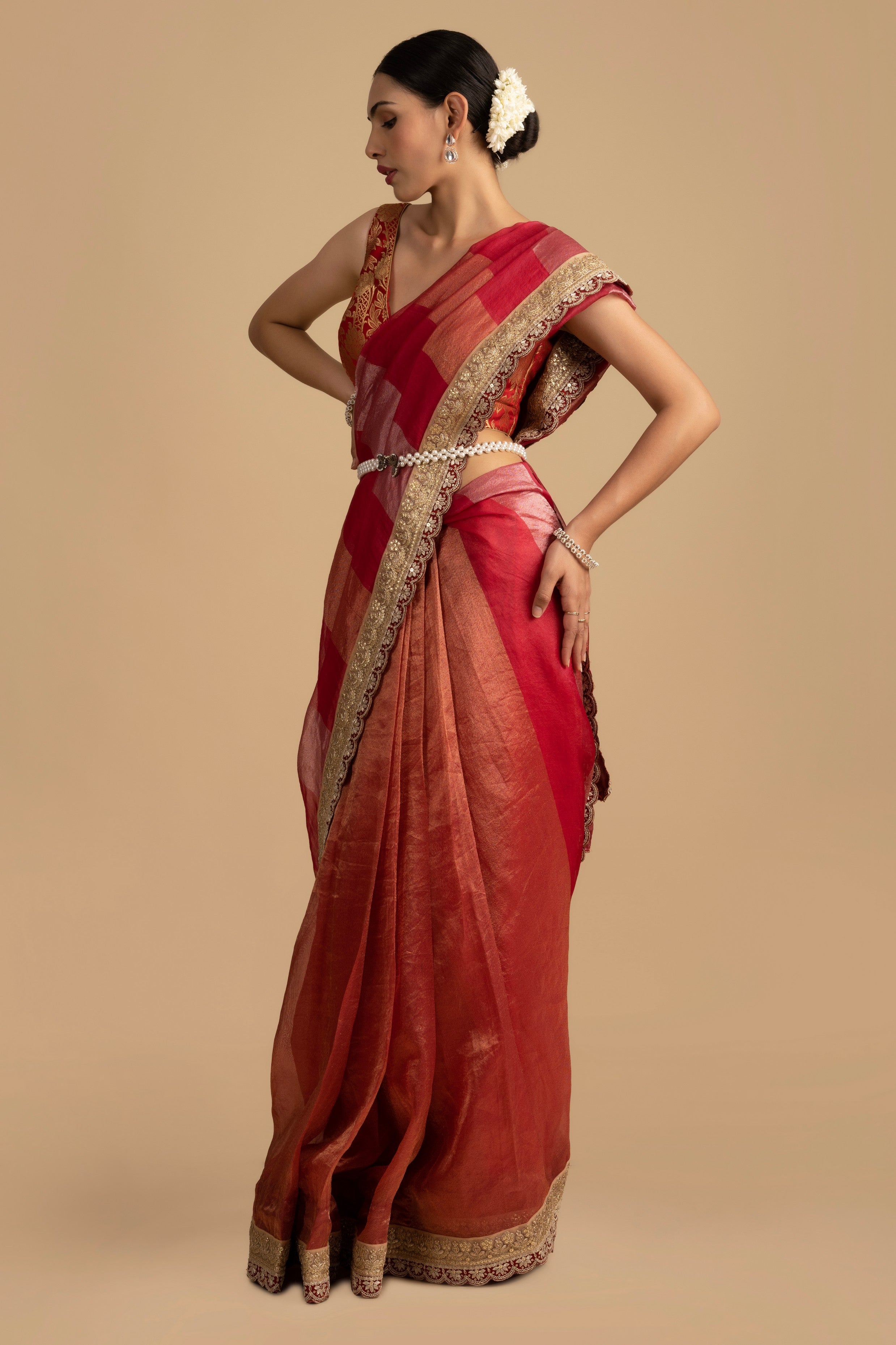 Pink-red Shaded Pure tissue Silk banarasi handloom Saree