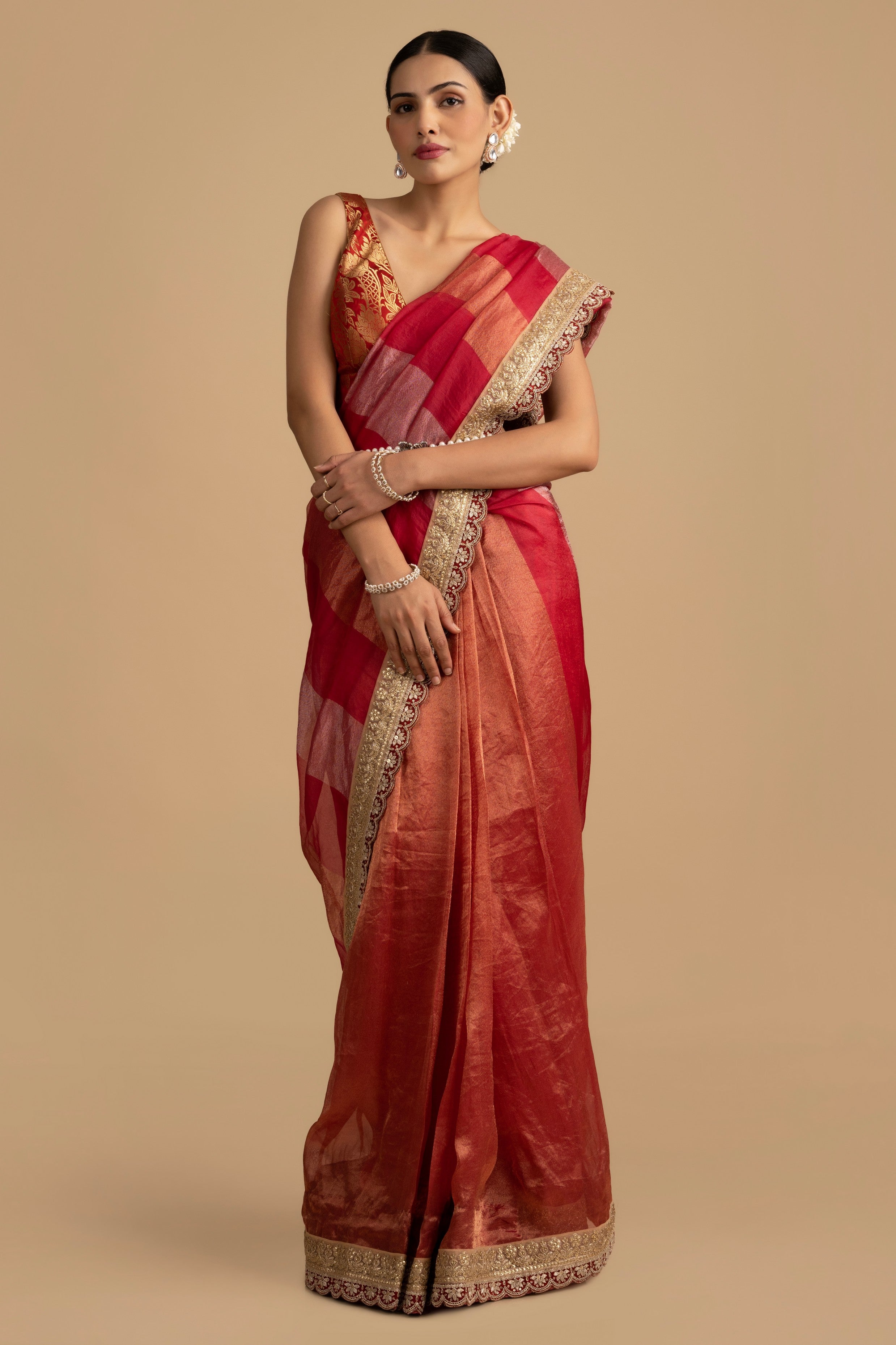 Pink-red Shaded Pure tissue Silk banarasi handloom Saree