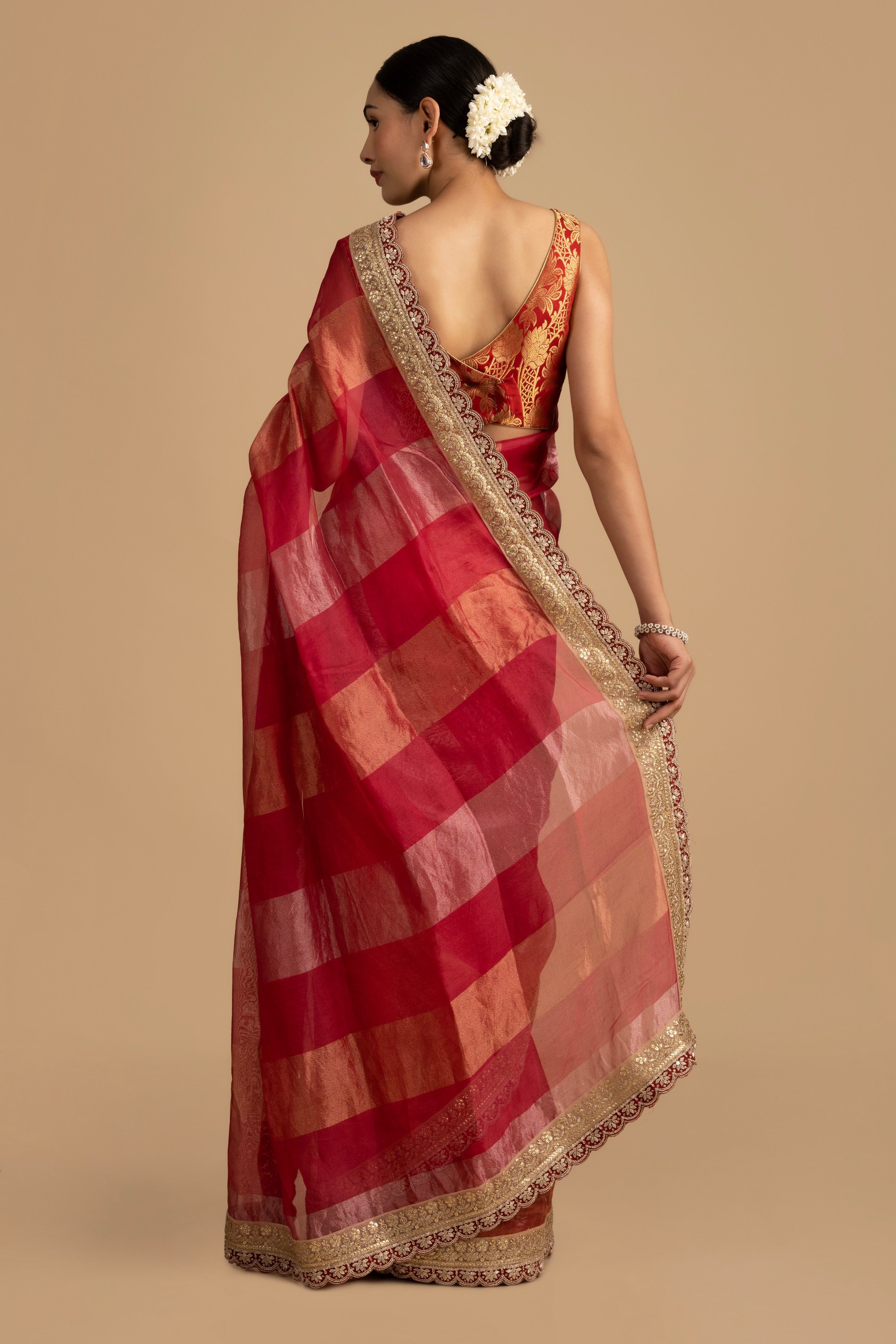 Pink-red Shaded Pure tissue Silk banarasi handloom Saree