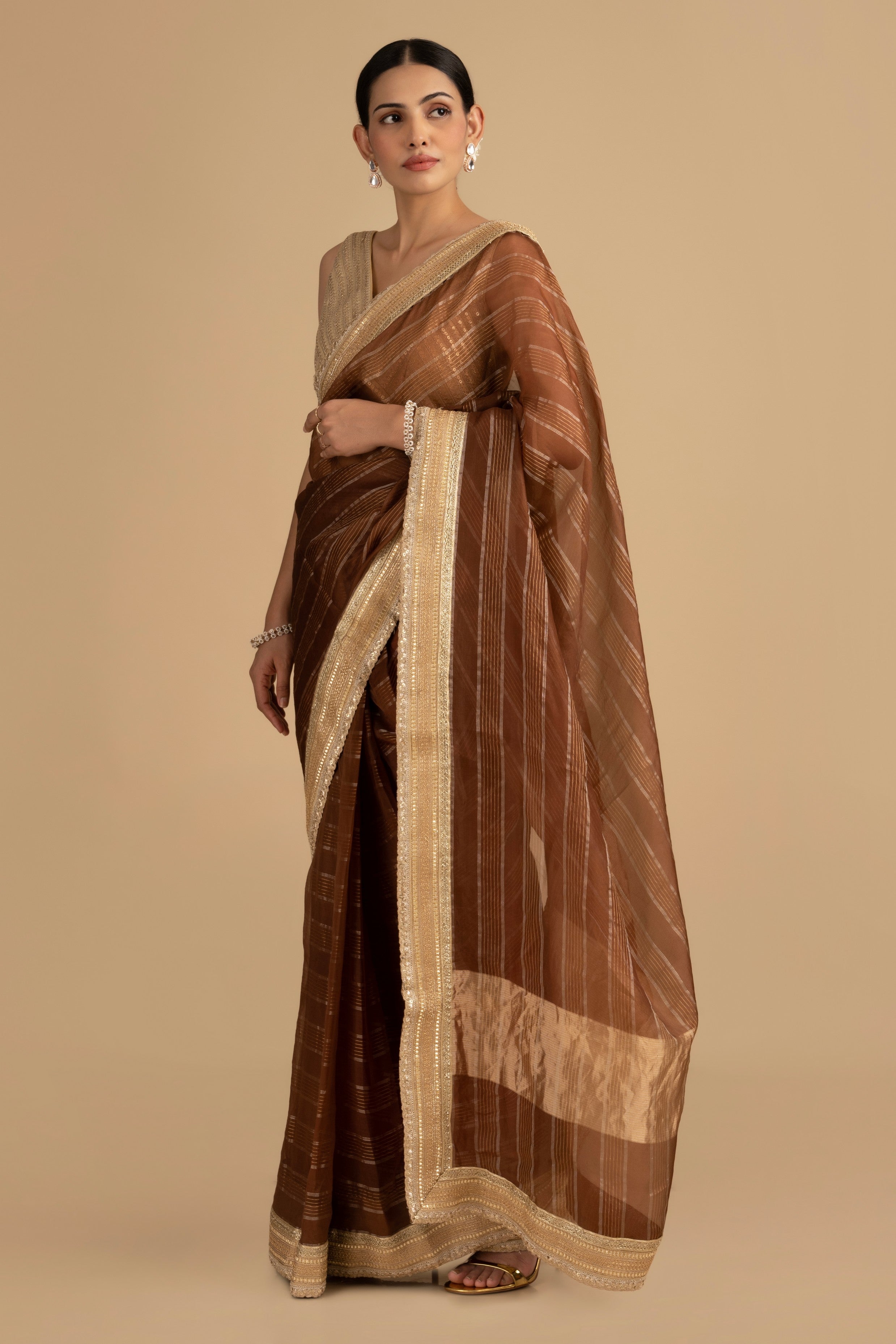 Copper Brown Shad Pure Tissue Silk banarasi Handloom Saree