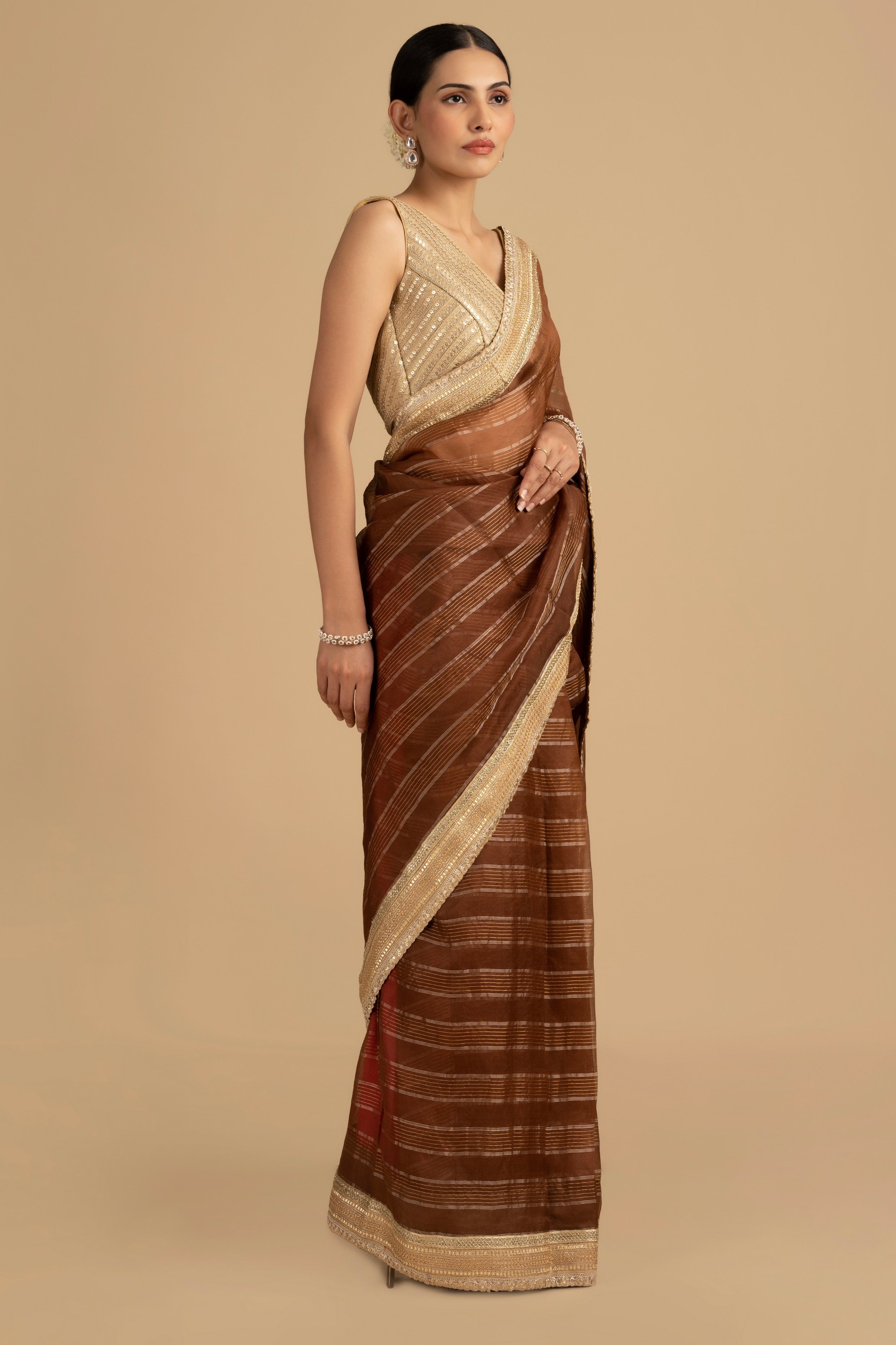Copper Brown Shad Pure Tissue Silk banarasi Handloom Saree