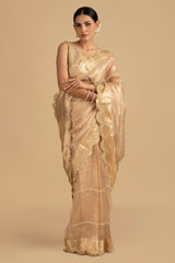 Golden Pure Tissue Silk Banarasi Hand Embroidered Saree