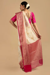 White-Pink Kora Organza Silk Banarasi Handloom Saree