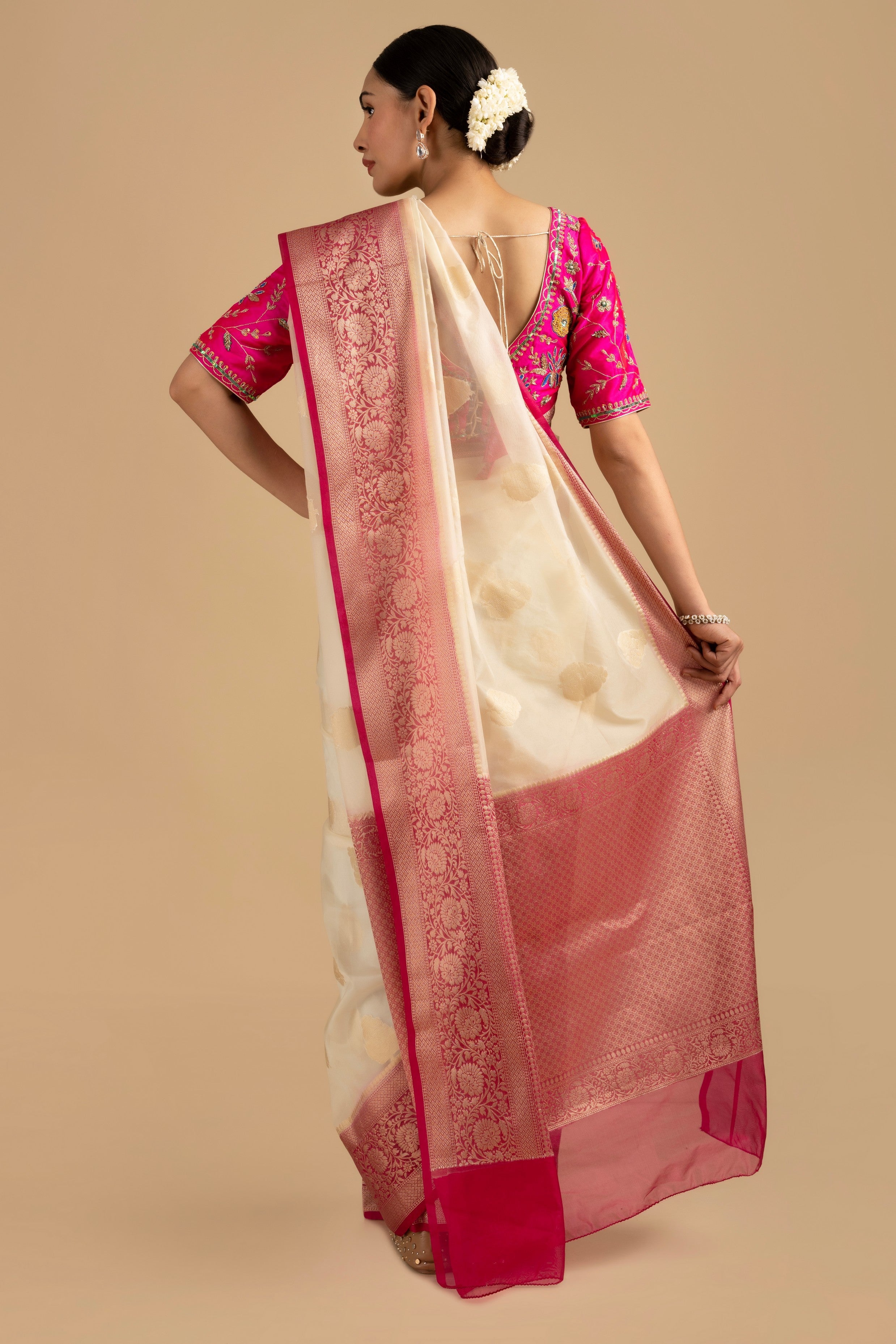 White-Pink Kora Organza Silk Banarasi Handloom Saree
