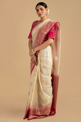 White-Pink Kora Organza Silk Banarasi Handloom Saree