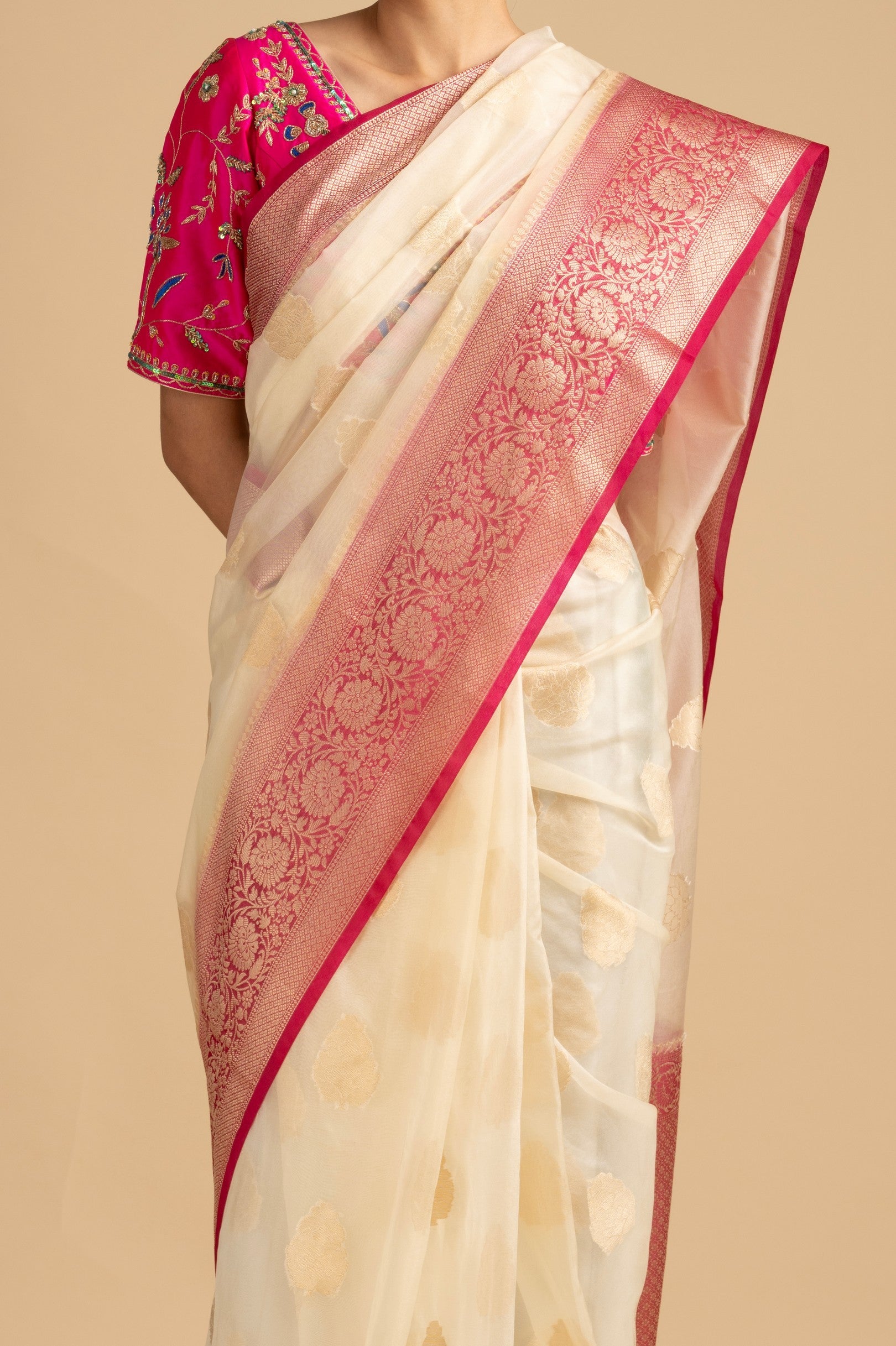 White-Pink Kora Organza Silk Banarasi Handloom Saree