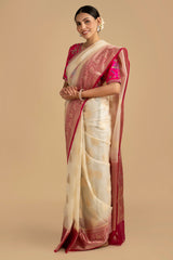 White-Pink Kora Organza Silk Banarasi Handloom Saree