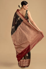 Black-red Kora Organza Silk Banarasi Handloom Saree