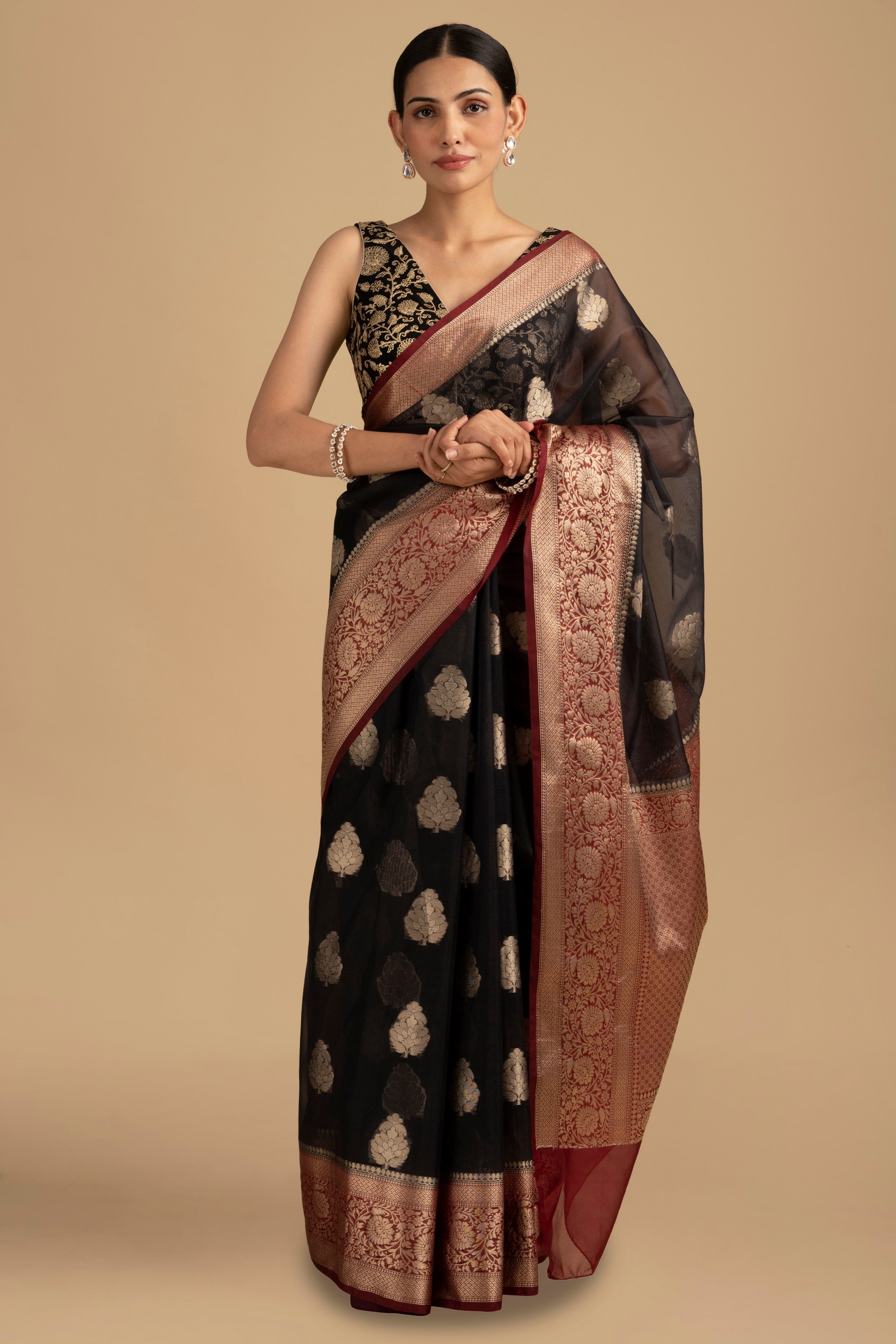 Black-red Kora Organza Silk Banarasi Handloom Saree