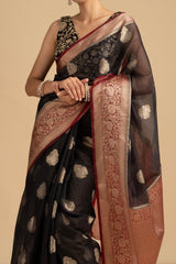 Black-red Kora Organza Silk Banarasi Handloom Saree