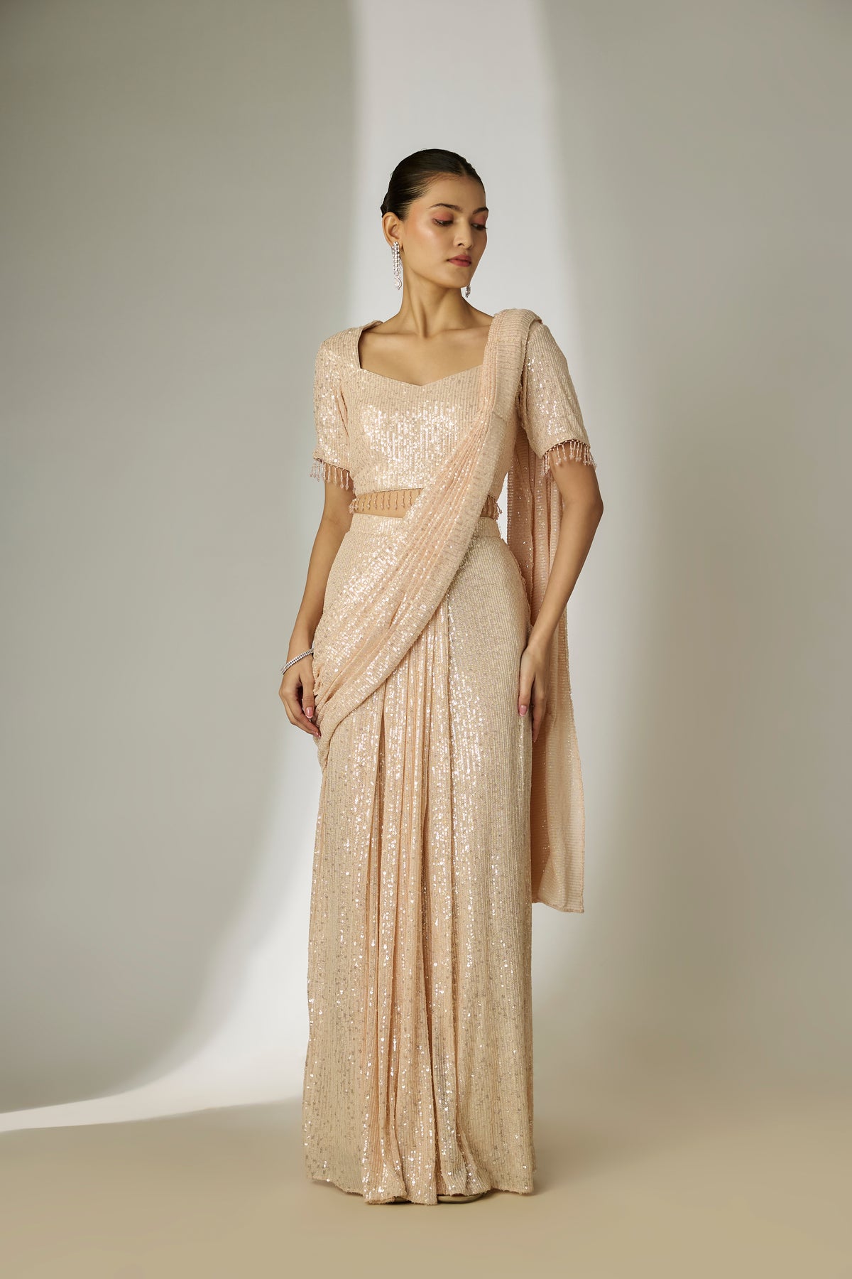 Cream Sequin Saree Set