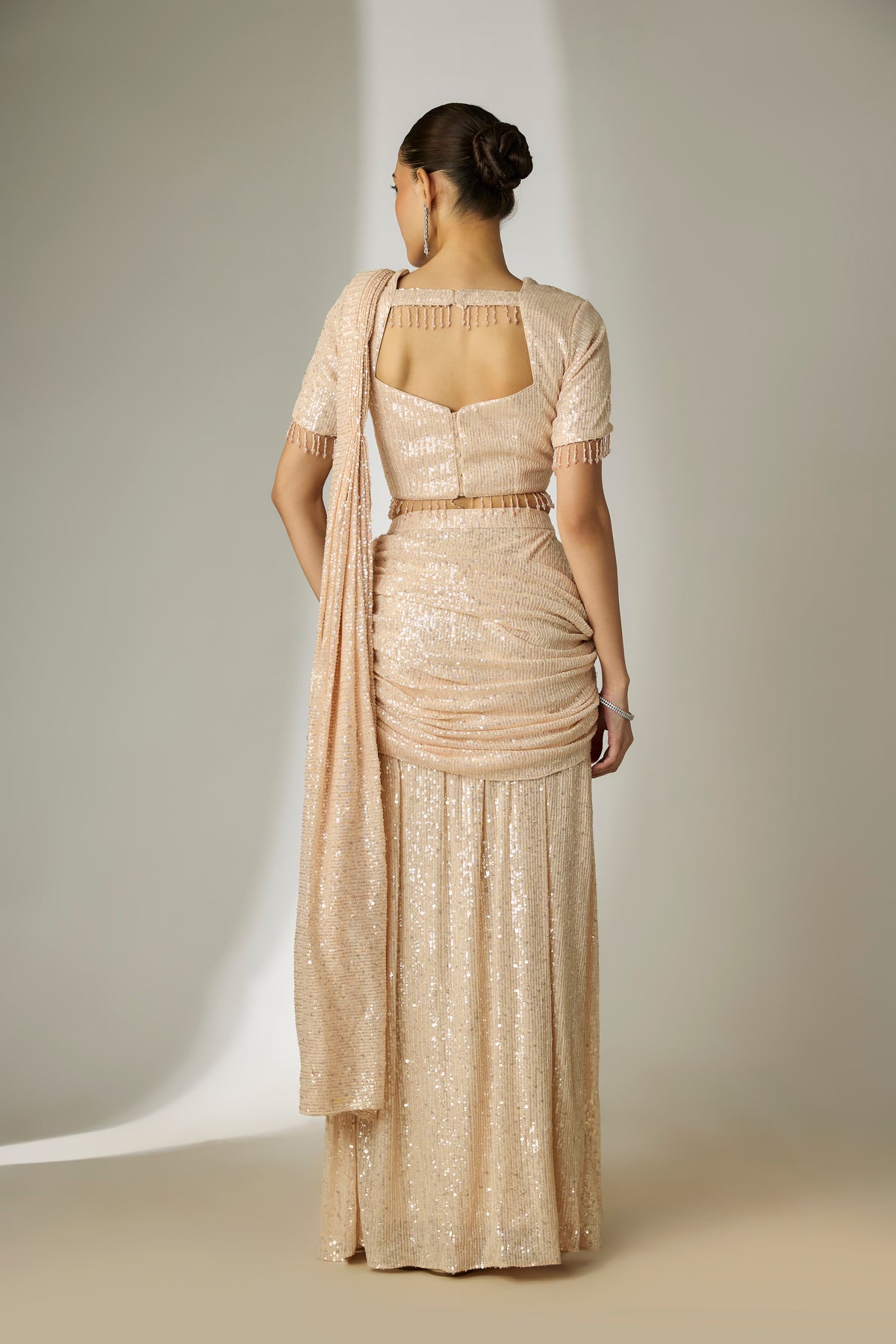 Cream Sequin Saree Set