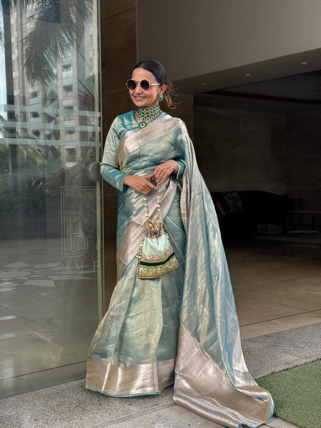Sky blue Pure Tissue Silk Banarasi Handloom Saree