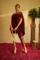 Divine Embroidered Cape with Brocade Pants - Maroon