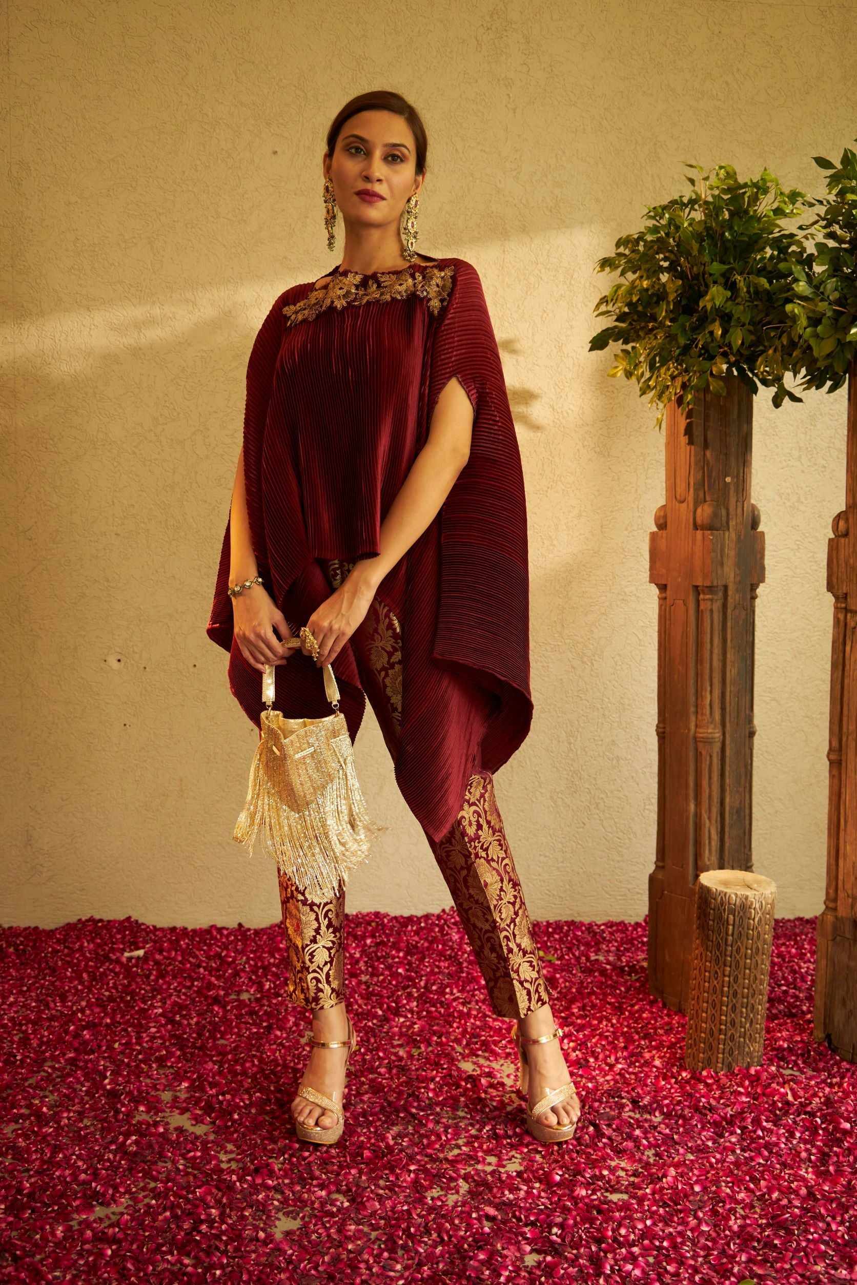 Divine Embroidered Cape with Brocade Pants - Maroon