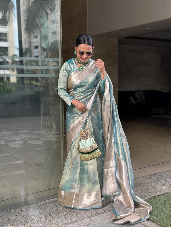 Sky blue Pure Tissue Silk Banarasi Handloom Saree