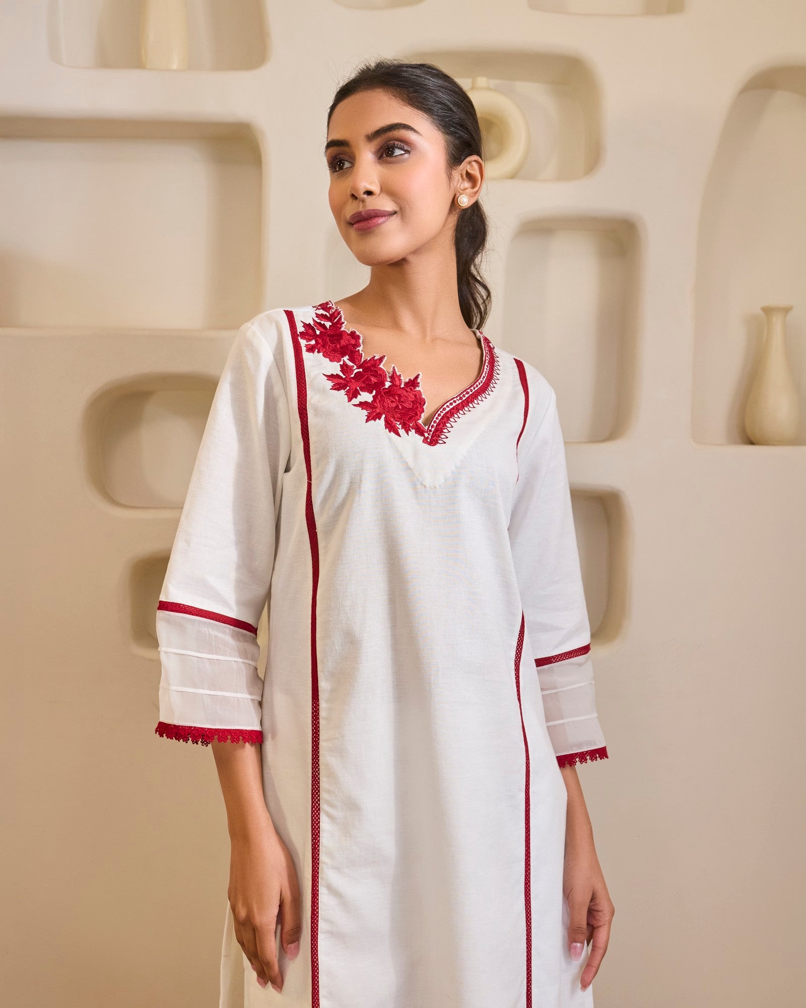 Red Rose Embroidered Khaadi Kurta with Narrow Pants