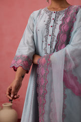 Sky blue chanderi dori work  floral and french knot embroidered kurta paired with pant & organza dupatta