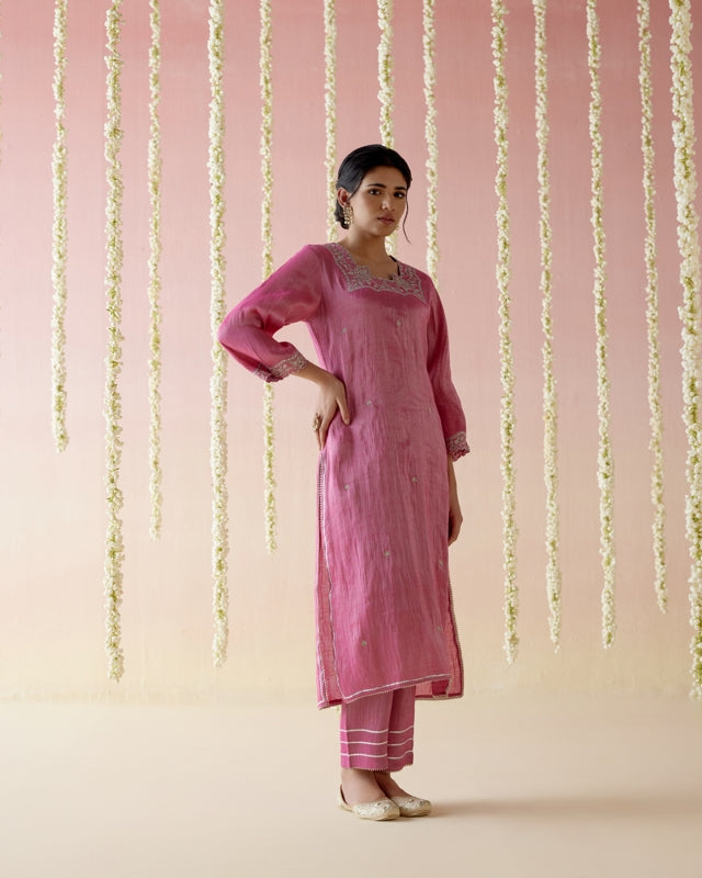 Peony Pink Tissue Kurta with 
Narrow Pants & Dupatta - Set of 3