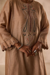 Champagne chanderi dori work  embroidered kurta paired with organic cotton slip, afgani salwar & organza dupatta