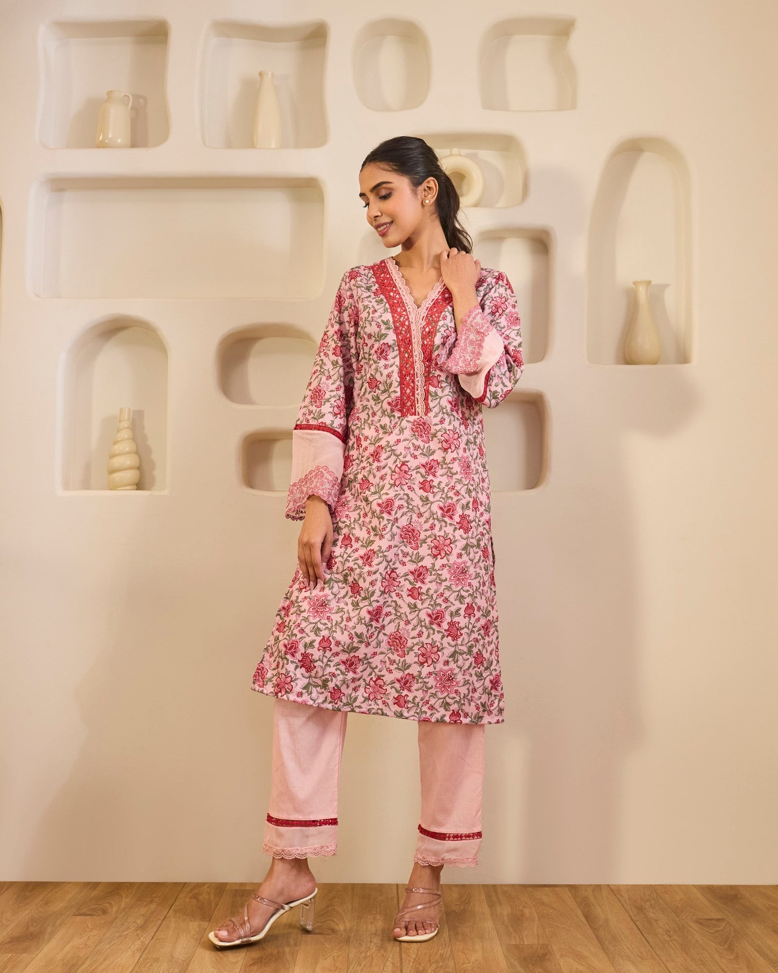 Rosewood Embroidered Cotton Kurta with Narrow Pants