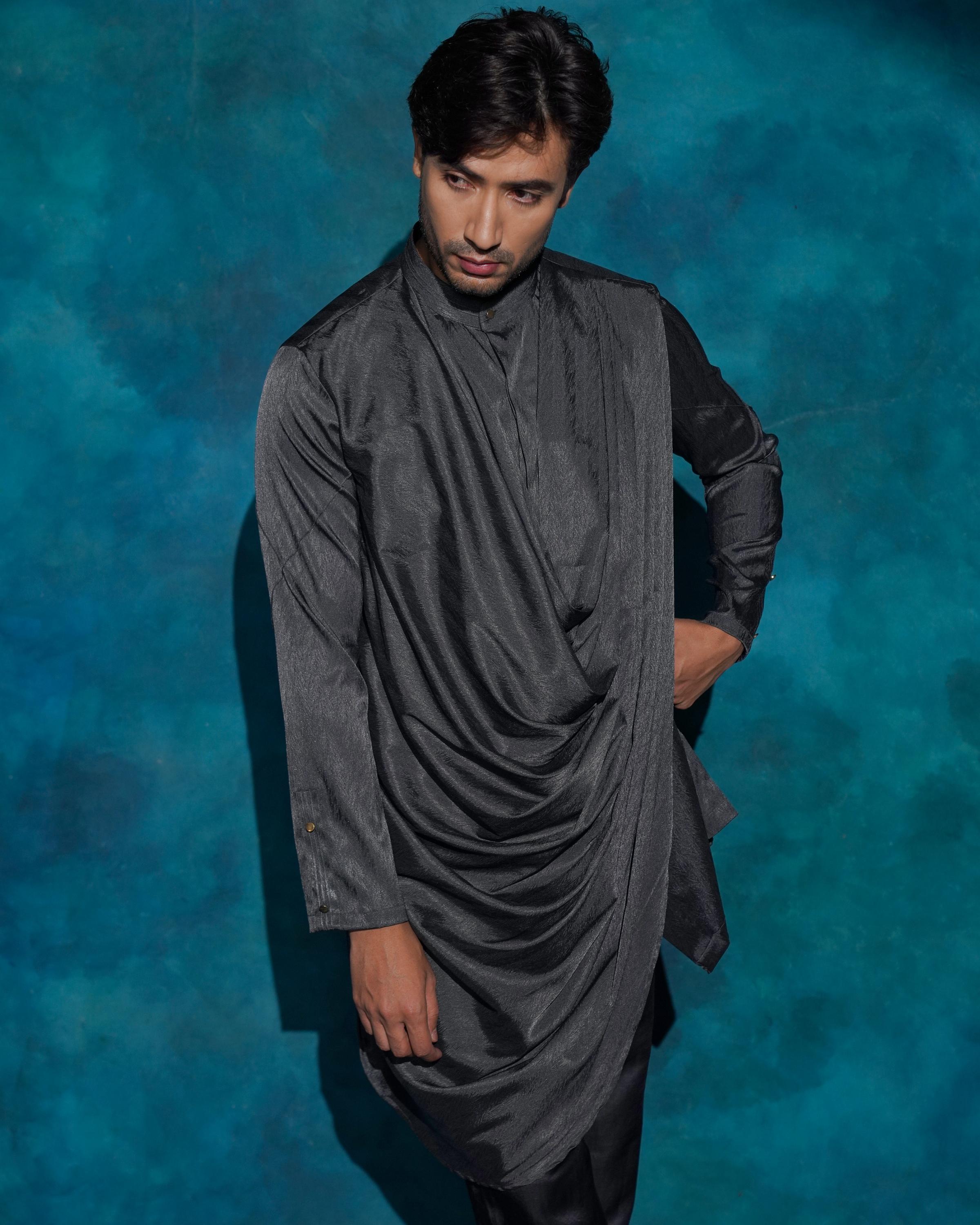Charcoal Gray hand embroidered contemporary jacket set