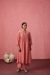 Peach chanderi resham embroidered kurta paired with organic cotton slip, pant & Chanderi dupatta