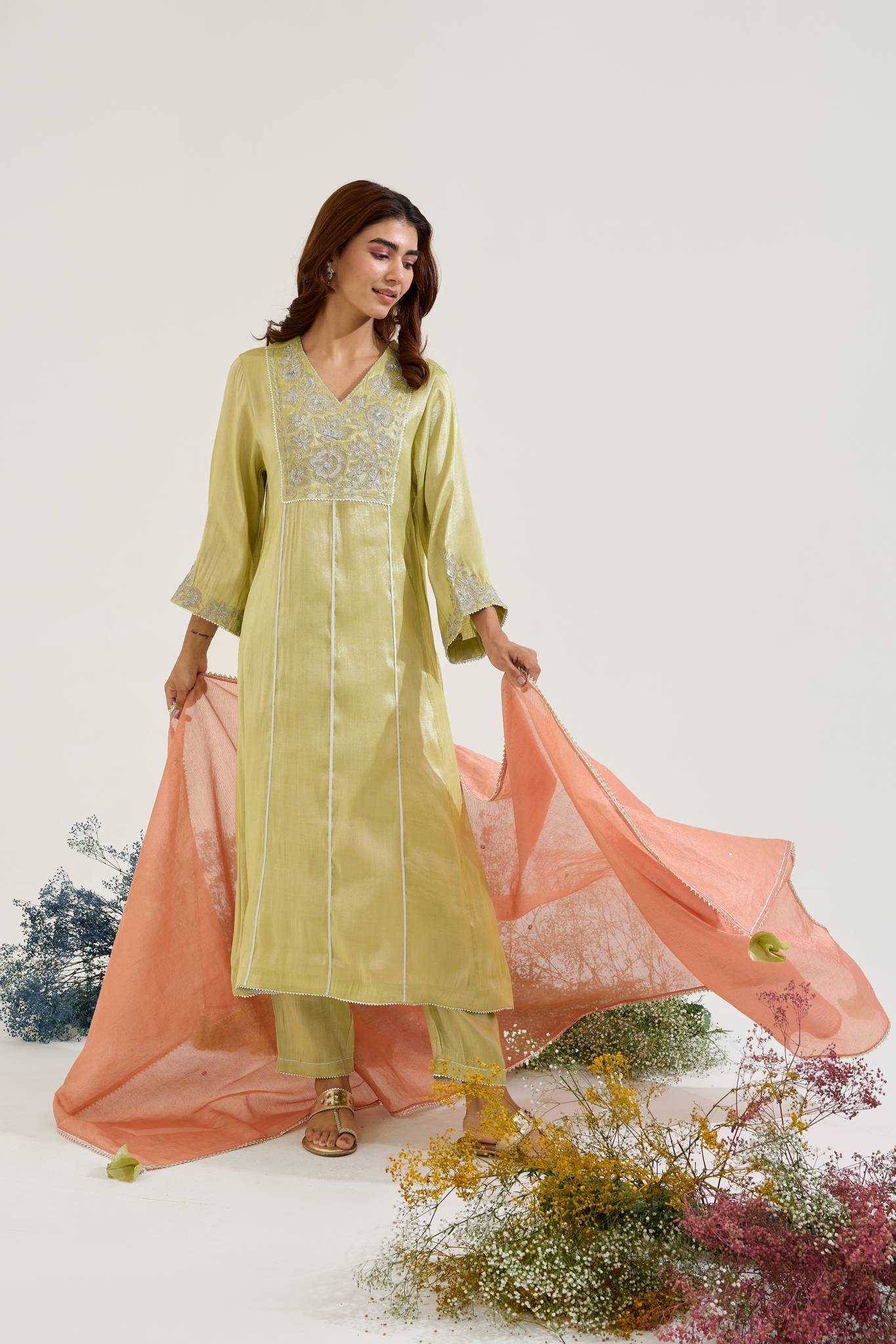 Lime Floral Zari Tissue Anarkali with Narrow Pants - Set of 2