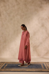 Peach chanderi heavy neckline resham embroidred kurta paired with organic cotton slip,pant & heavy border dupatta