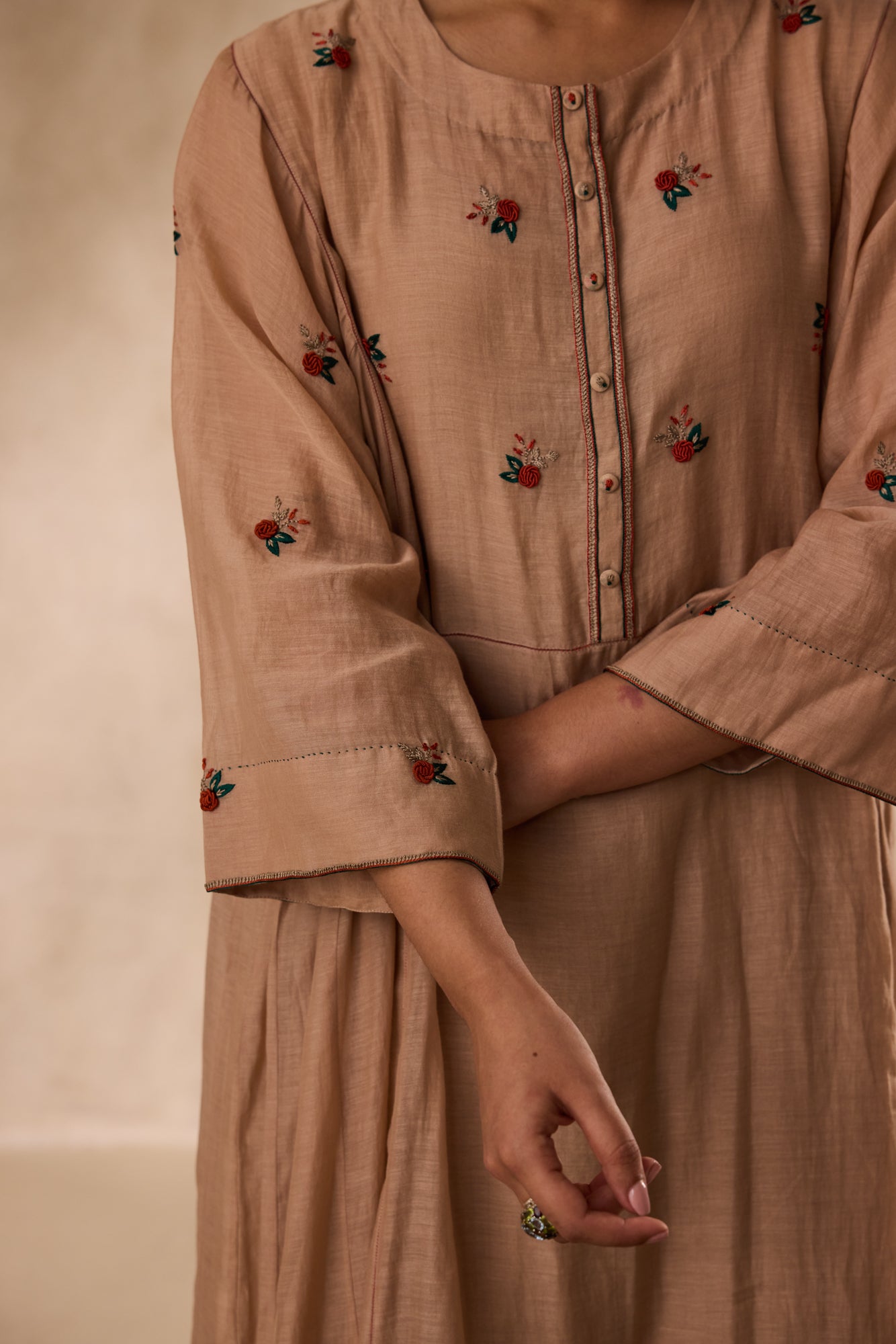 Champagne chanderi  embroidered kurta paired with organic cotton slip, pant & organza dupatta