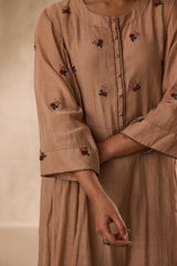 Champagne chanderi  embroidered kurta paired with organic cotton slip, pant & organza dupatta