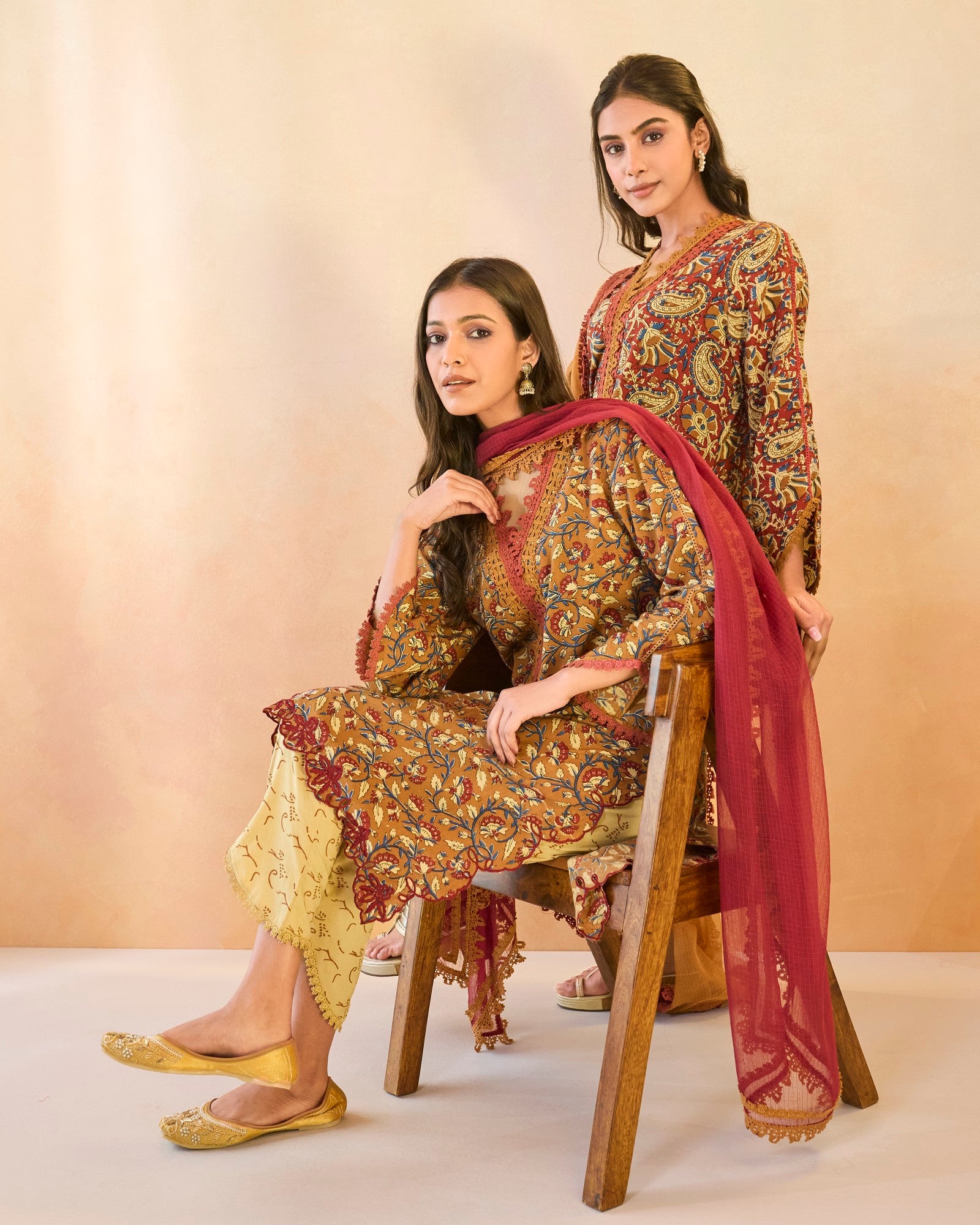 Brown Petal Scallop Cotton Kurta with Tulip Pants