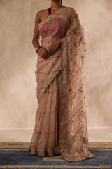 Beige organza jaal embroidered saree comes with unstitched & unembroidered blouse fabric in chanderi