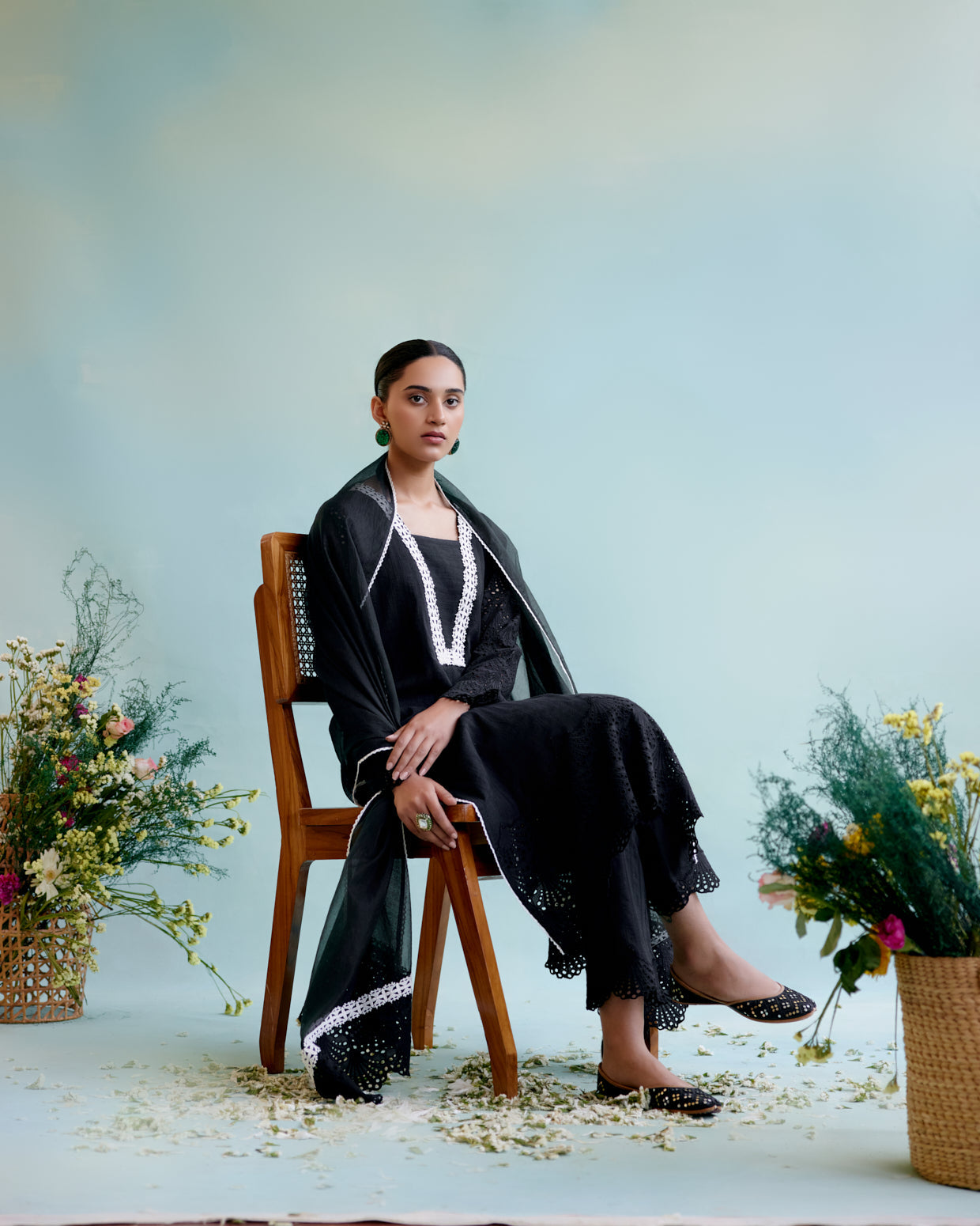 Black Blossom Kurta in Cotton Dobby with Lace Detaling and Scallop Sleeves with Narrow Pants