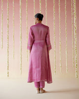 Fuschia Pink Tissue Angarakha with 
Narrow Pants & Dupatta - Set of 3
