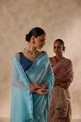 Sky blue chanderi scalloped embroidered saree comes with unstitched & unembroidered blouse fabric in chanderi