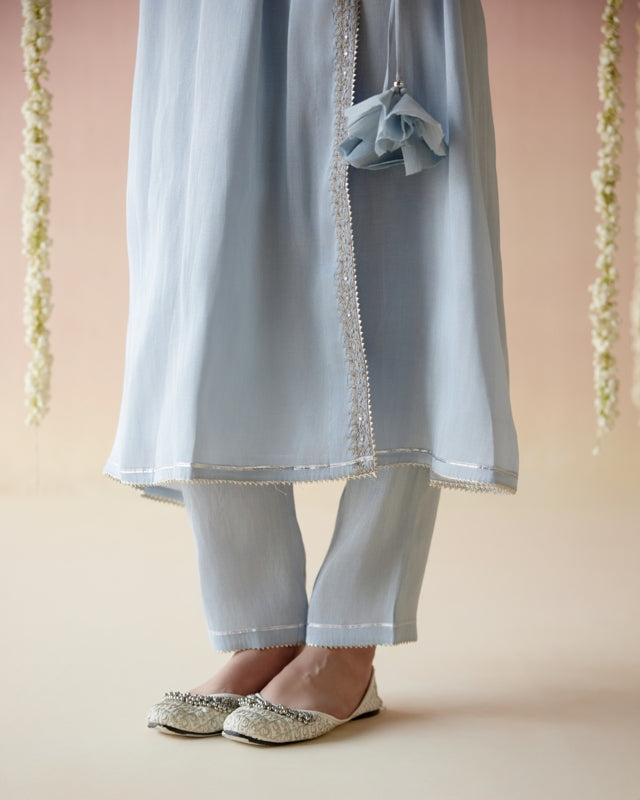 Glory Blue Tissue Angarakha with 
Narrow Pants & Dupatta - Set of 3