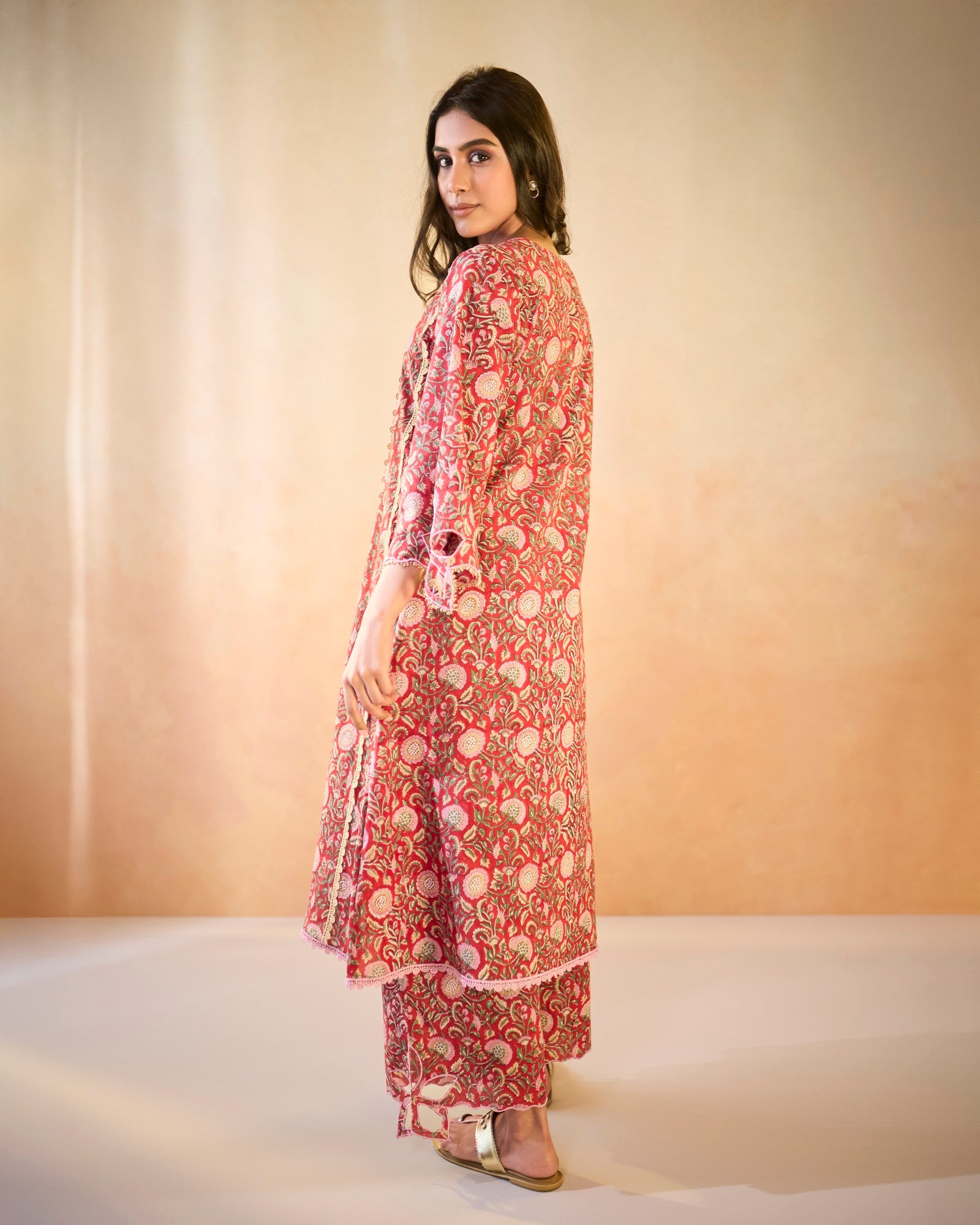 Rosy Chintz Cutwork Cotton Kurta with Wide Leg Pants