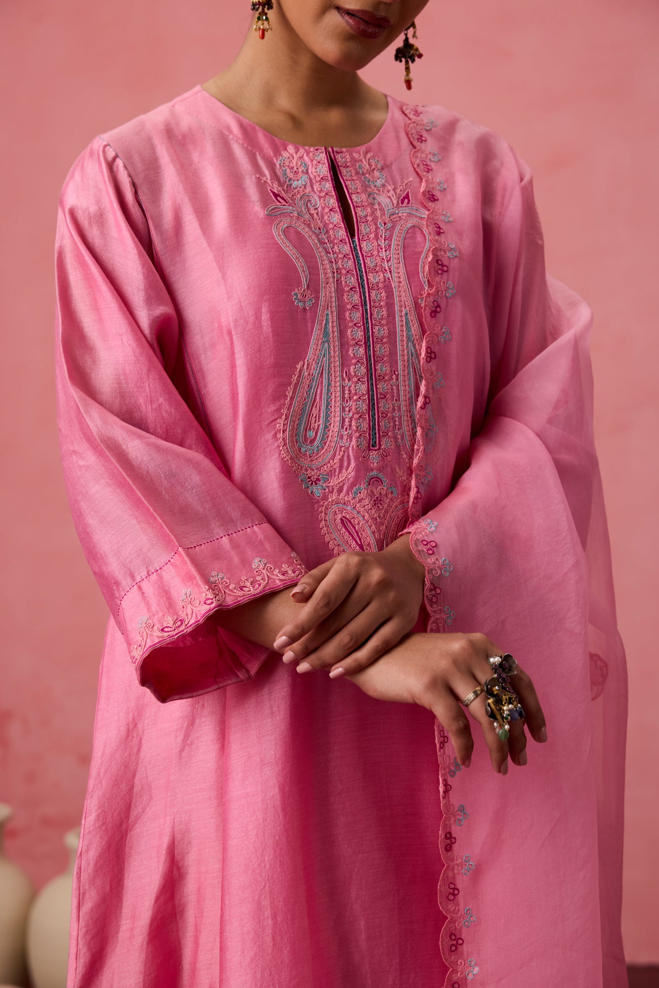 Pink chanderi dori work and resham embroidered kurta paired with organic cotton slip, Salwar & organza dupatta