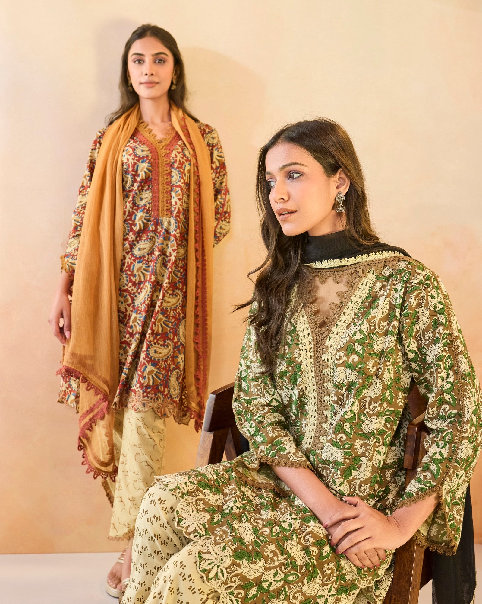 Olive Petal Scallop Cotton Kurta with Tulip Pants