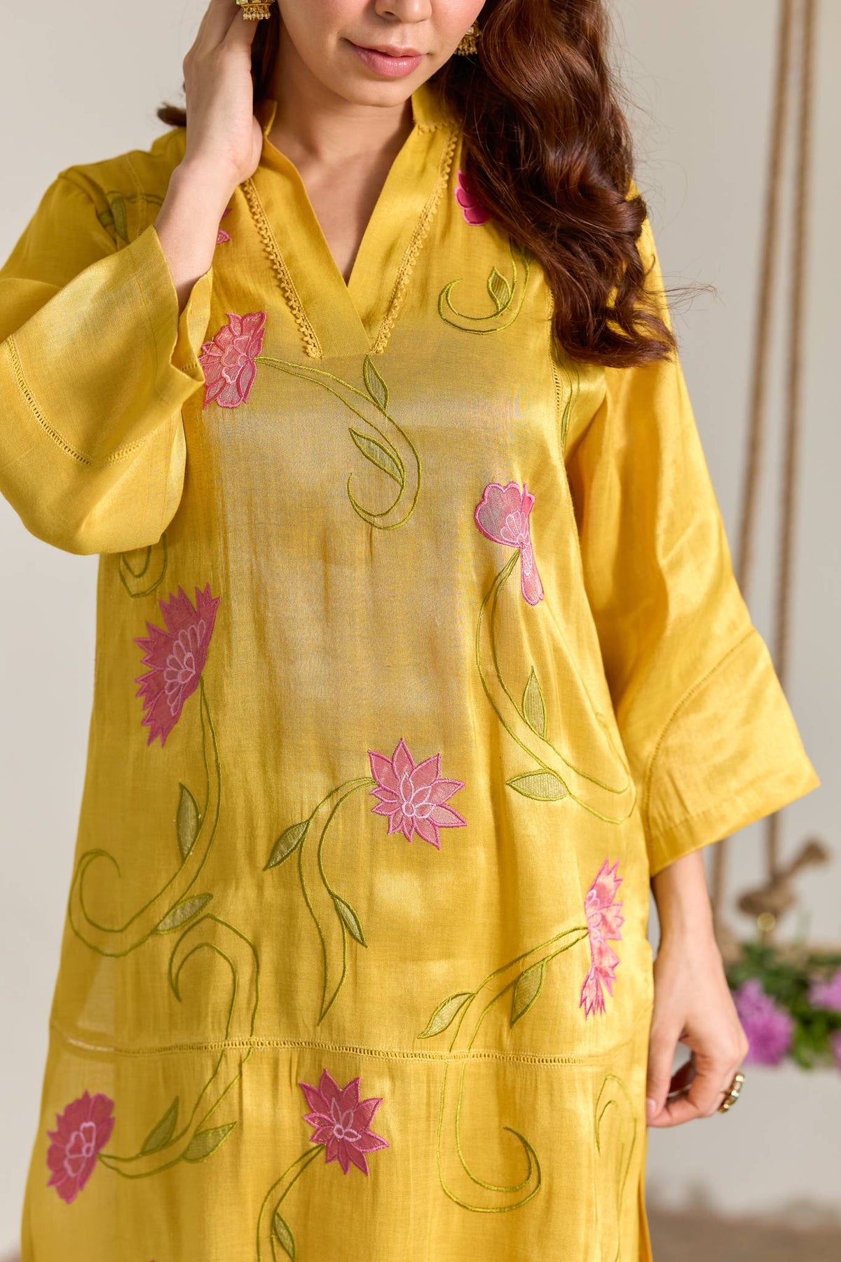 Fuschia Yellow Applique Embroidered Tissue Kurta Set - Set of 2