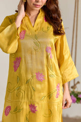 Fuschia Yellow Applique Embroidered Tissue Kurta Set - Set of 2