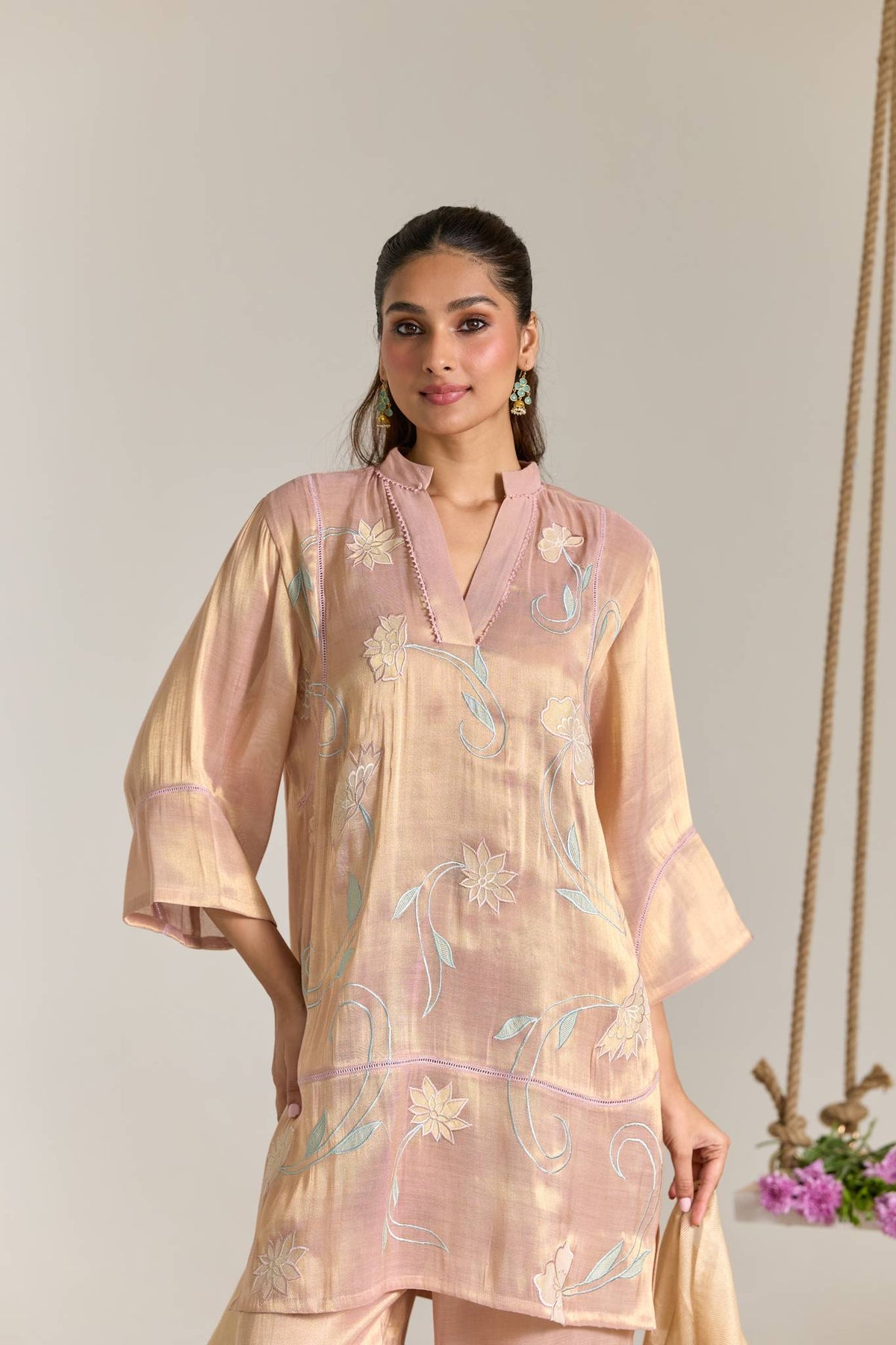 Blush Mint Applique Embroidered Tissue Kurta Set - Set of 2