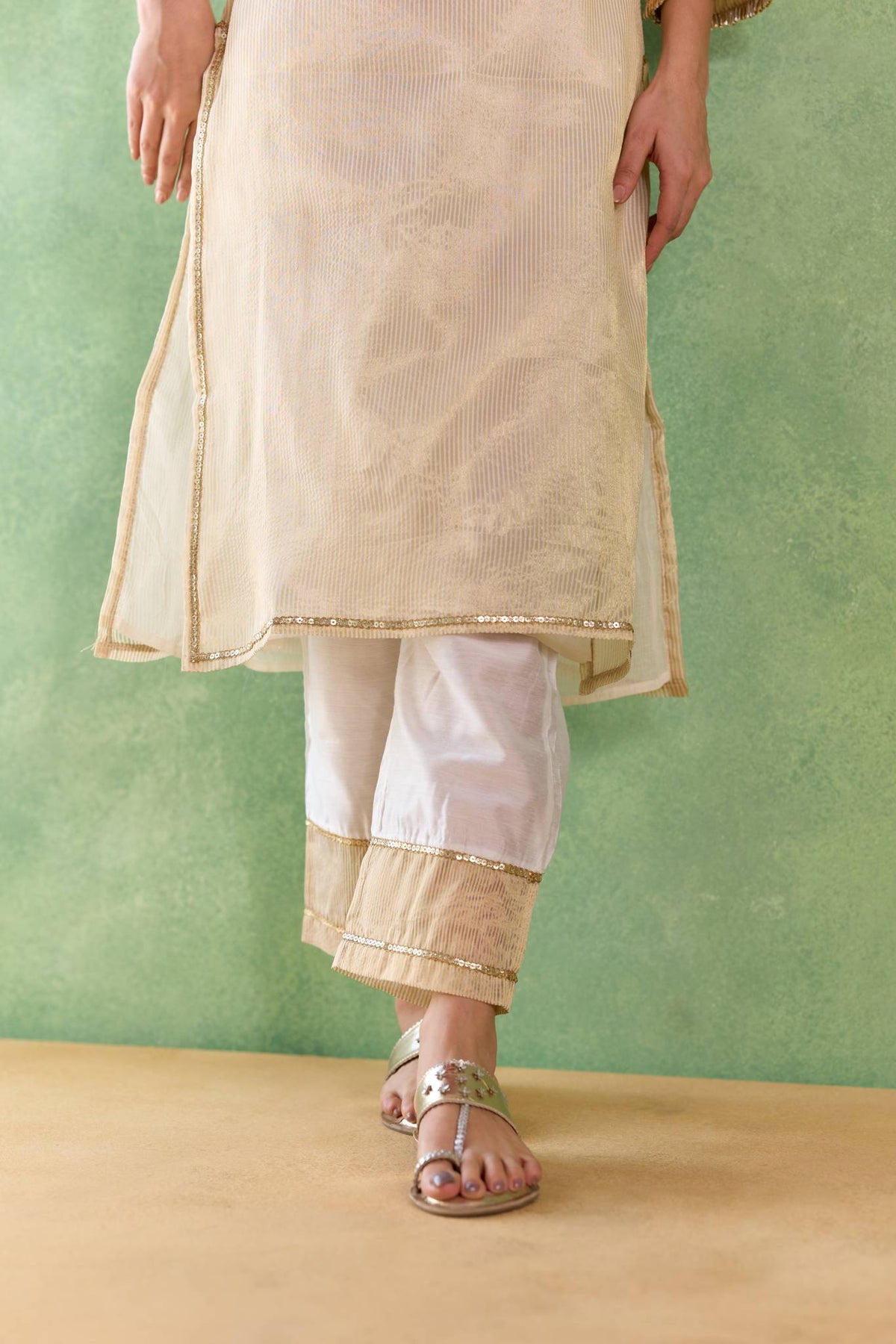 Gold Mirror Embroidered Chanderi Stripe Kurta Set - Set of 2