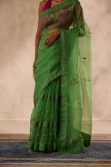 Green organza embroidered saree comes with unstitched & unembroidered blouse fabric in chanderi