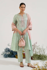 Mint Lotus Applique Tissue Kurta with Narrow Pants - Set of 2
