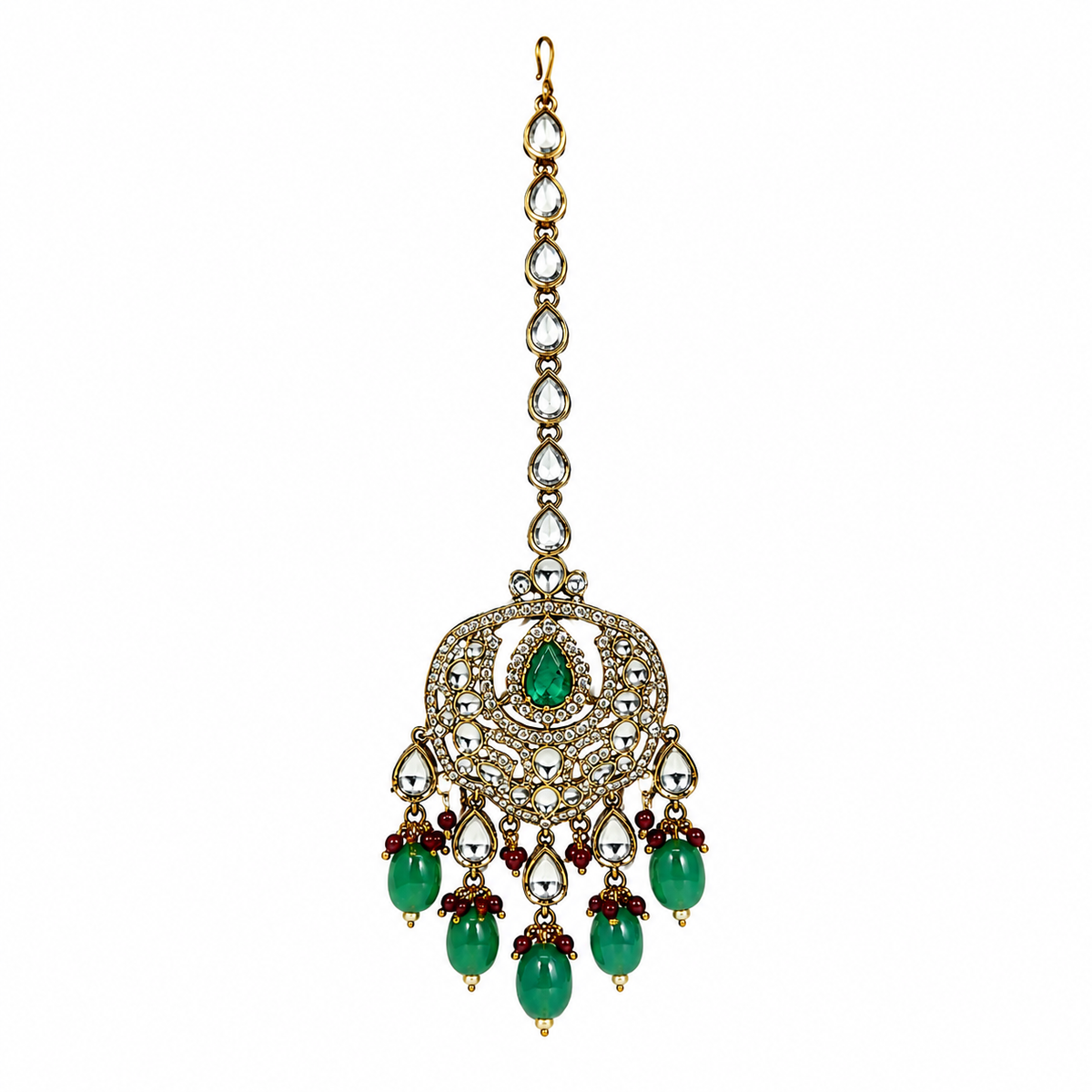 Emerald Green Semi-Precious Stone Kundan Long Necklace Set with Maang Tikka