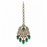 Emerald Green Semi-Precious Stone Kundan Long Necklace Set with Maang Tikka