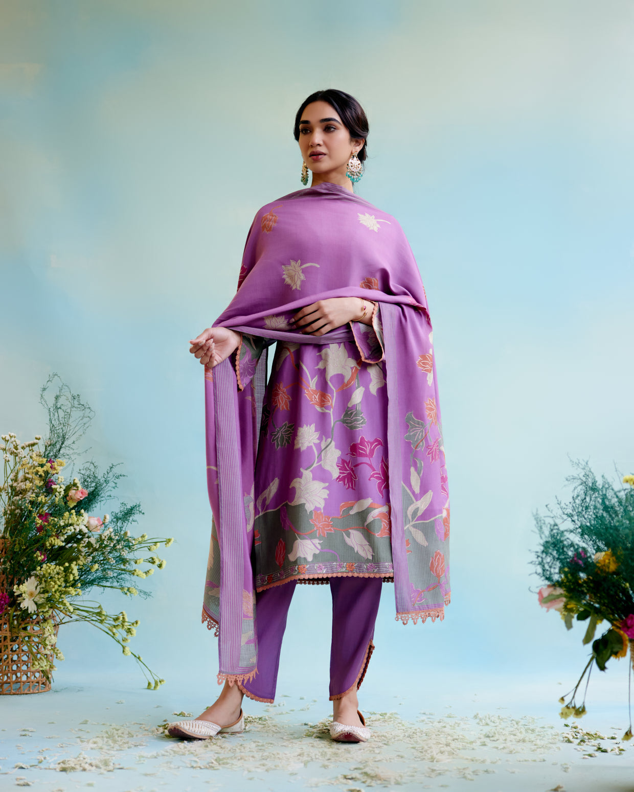 Violet Vale Printer Kurta with delicate lace detailing with Tulip Pants and Dupatta